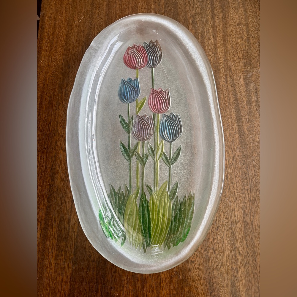 Floral Glass Art Platter - Frosted Glass with Tulips - Spring, Easter
